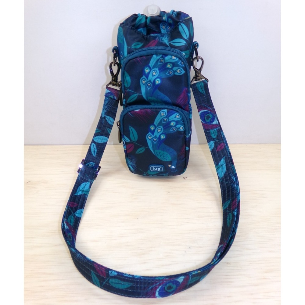 Lug Huggie Water Bottle Crossbody Bag Peacock Design Insulated Blue Green - Picture 2 of 7